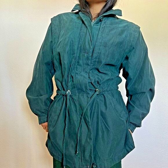 vtg retro 90s London Fog Parka Jacket green chore coat Anorak Large‎ drawstring - Picture 2 of 14